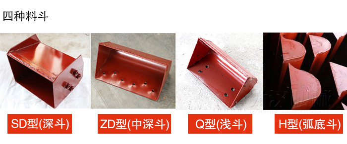 四种料斗Q型(浅斗)、H型(弧底斗)、ZD型(中深斗)SD型(深斗)展示图